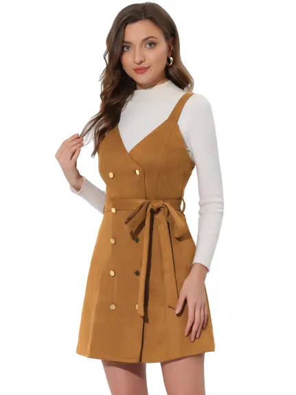Allegra K- Faux Suede V Neck Button Down Belted Pinafore Overall Dress