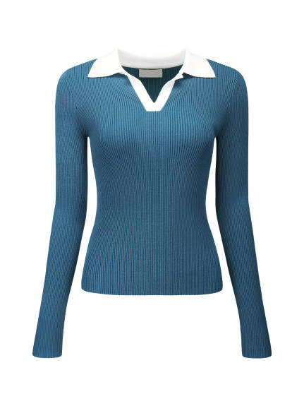 Hobemty- Fitted Knit Contrast Color Polo Top