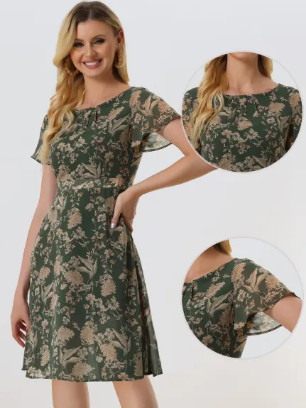Allegra K- Floral Print Pleated Neckline Flared Sleeve Short Dress