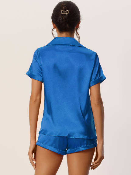 cheibear - Satin Shorts Button Short Sleeve Pajama Set