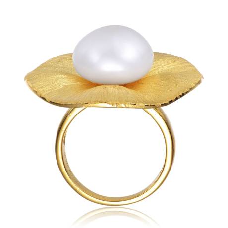 Genevive Sterling Silver Gold Plated with Genuine Freshwater Pearl Floral Ring