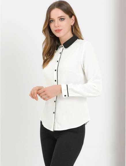 Allegra K- Women's Contrast Button Down Shirt Peter Pan Collar Blouse
