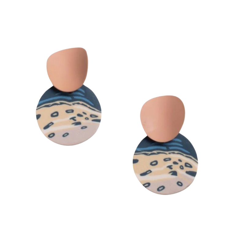 Boucles d'oreilles clous en argile circulaire abstraite bleu marine et beige- Don't AsK