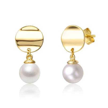 Genevive Sterling Silver 14k Yellow Gold Plated with White Pearl & Gold Medallion Coin Double Drop Dangle Earrings