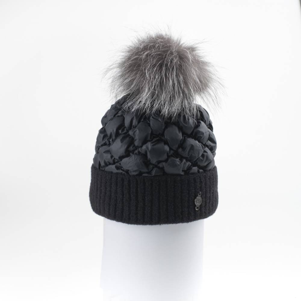 Harricana -  Puffer Beanie W Knitted Cuff And Upcycled Fur Pom