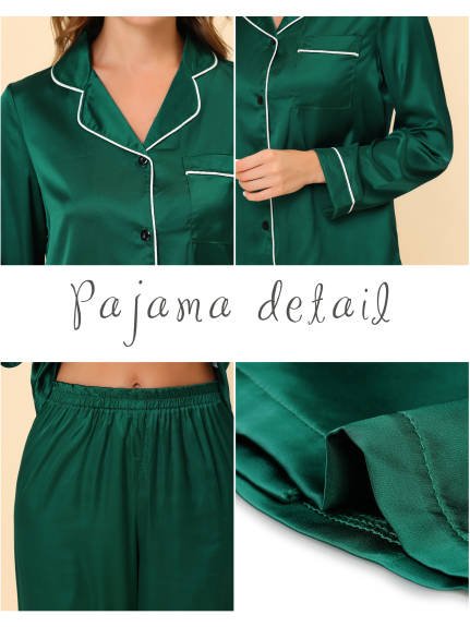 cheibear - Satin Long Sleeves Button Down Pajamas Sets