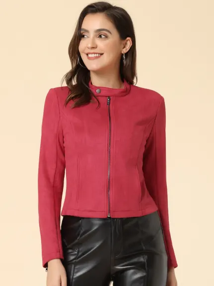 Allegra K- Faux Suede Stand Collar Cropped Motorcycle Jacket
