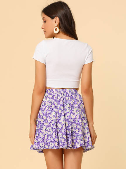 Allegra K- Ruffle Summer Floral Pleated Mini Skirt