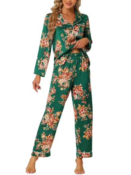 cheibear - Floral Sleep Shirt Long Pants Satin Pj Set