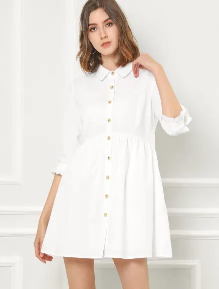 Allegra K- Mini-robe chemise évasée boutonnée à manches 3/4