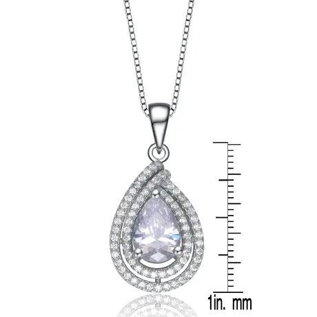 Genevive Sterling Silver White Gold Plated with Clear Cubic Zirconia Pear Shape Pendant