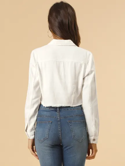 Allegra K- Veste en jean courte délavée boutonnée effilochée