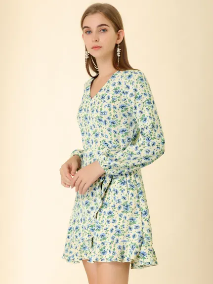Allegra K- Mini robe florale à manches longues et col en V avec ourlet à volants