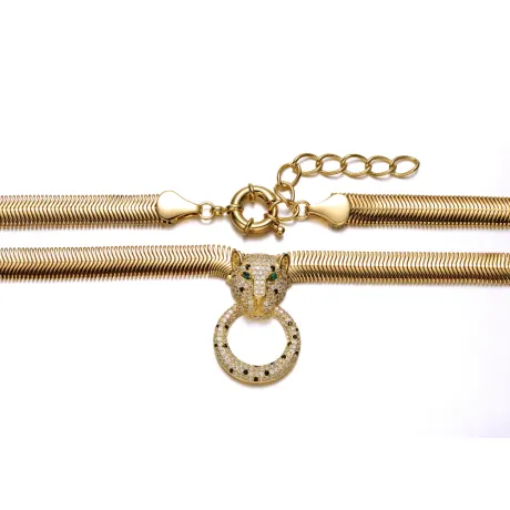 Rachel Glauber 14k Yellow Gold Plated with Emerald & Cubic Zirconia Panther Head Door Knocker Wire Herringbone Chain Necklace - Adjustable w/ Extension Chain