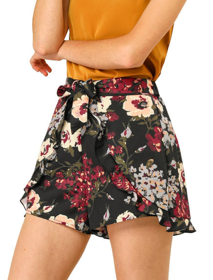 Allegra K- Elastic Belted Ruffle A-Line Floral Shorts