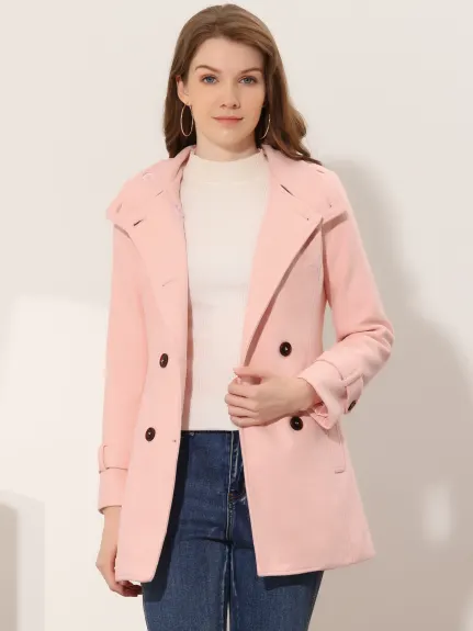 Allegra K- Stand Collar Double Breasted Mid Length Trenchcoat