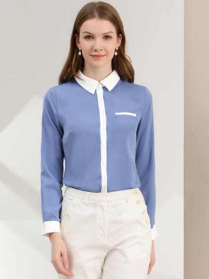 Allegra K- Color Block Button Up Long Sleeve Shirt