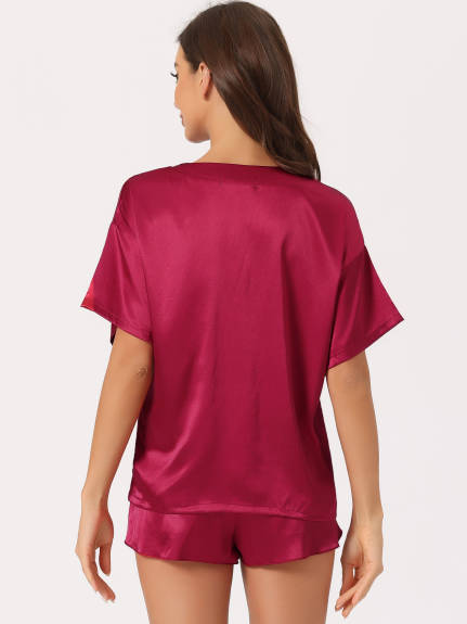 cheibear - Summer Short Sleeve Satin Pajama Sets