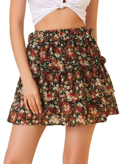 Allegra K- Layered Ruffle Elastic Waist Floral Mini Skirt