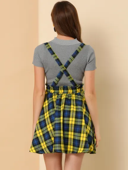 Allegra K- Plaid Tartan Button Decor Suspender Skirt
