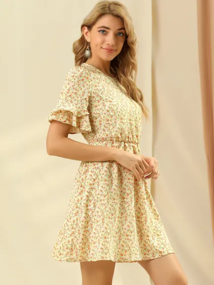 Allegra K- Bell Sleeve High Waist A-Line Flowy Ditsy Floral Dress