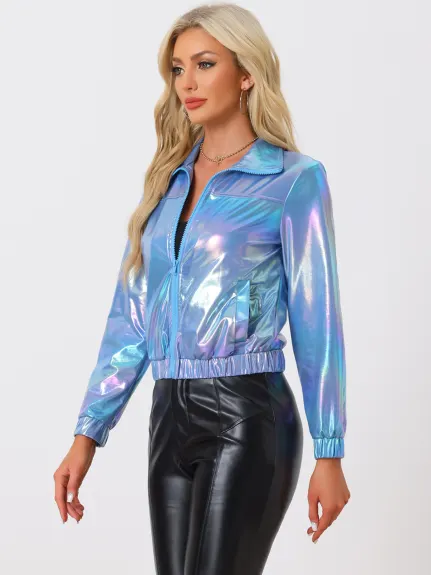 Allegra K- Holographic Lightweight Zipper Jacket