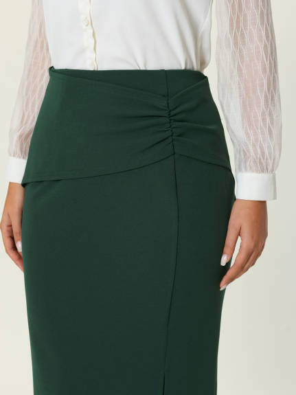 Hobemty- Ruched Slit Knee Length Pencil Skirt