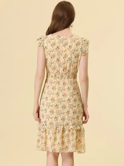 Allegra K- Floral Flutter Sleeves V Neck Smocked Ruffle Dress