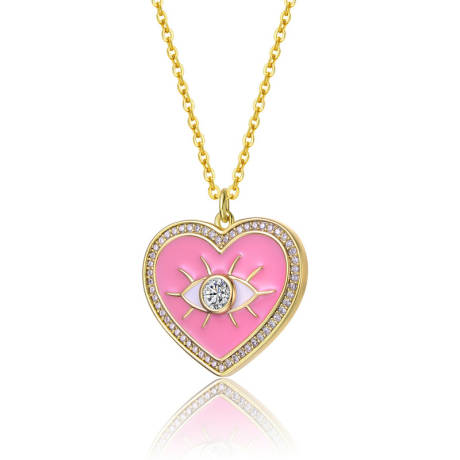 Rachel Glauber 14k Yellow Gold Plated with Clear Cubic Zirconia Pink Enamel Heart Pendant