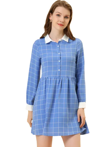 Allegra K- Plaid Button Up Shift Shirt Dress