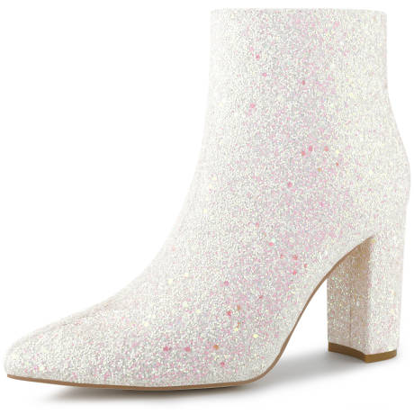 Allegra K- Glitter Pointed Toe Chunky Heel Ankle Boots