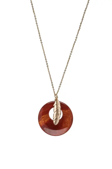 Goldtone Feather & Red Open Agate Circle Pendant Necklace - MICALLA