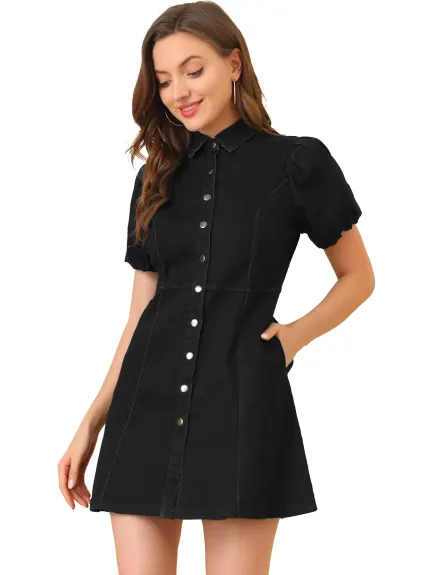 Allegra K- Puff Short Sleeve Button Denim Shirt Dress