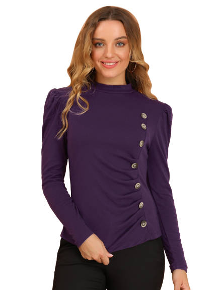 Allegra K- Mock Neck Puff Long Sleeve Knit Button Decor Ruched Top