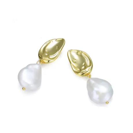Sterling Silver 14k Gold Plating with Genuine Freshwater Pearl Pear-Shaped Dangling Earrings