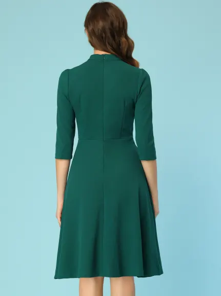 Allegra K- Vintage 3/4 Sleeves Stand Collar Elegant A-Line Dress