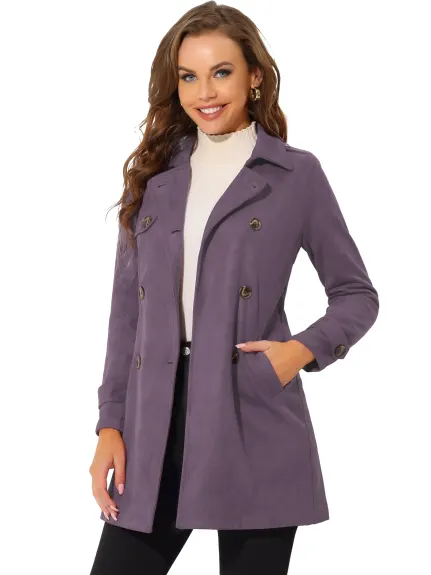 Allegra K- Notched Lapel Double Breasted Faux Suede Trenchcoat