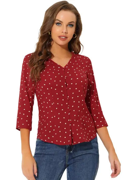 Allegra K- Polka Dots 3/4 Sleeve Button Front Blouse Top