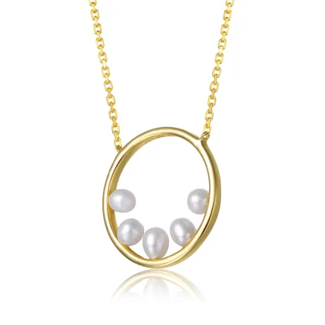 Genevive Collier superposé en argent sterling plaqué or jaune 14 carats avec pendentif cercle d'éternité en forme de halo de perles blanches