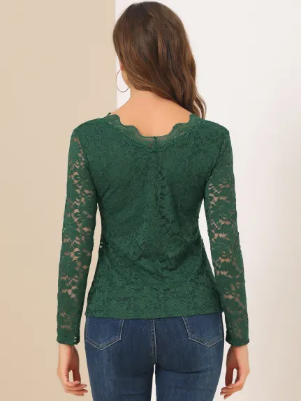Allegra K- Floral Embroidery Sheer Long Sleeves Lace Blouse