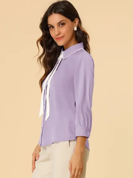 Allegra K- 3/4 Sleeve Contrast Color Tie Neck Shirt