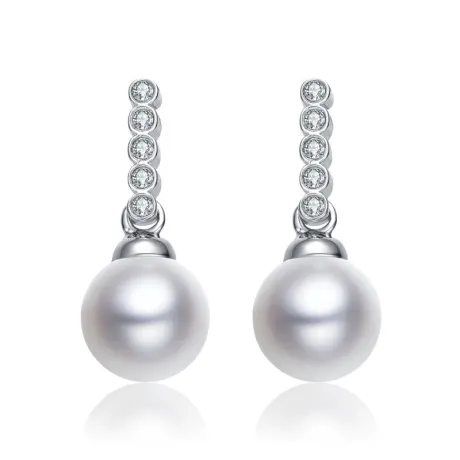 Genevive Sterling Silver White Gold Plating with White Round Genuine Pearl with Clear Round Cubic Zirconia Drop Earrings