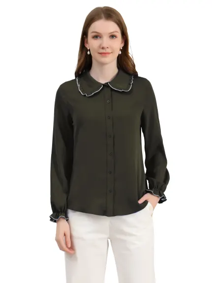 Allegra K- Long Sleeve Ruffle Peter Pan Collar Shirt