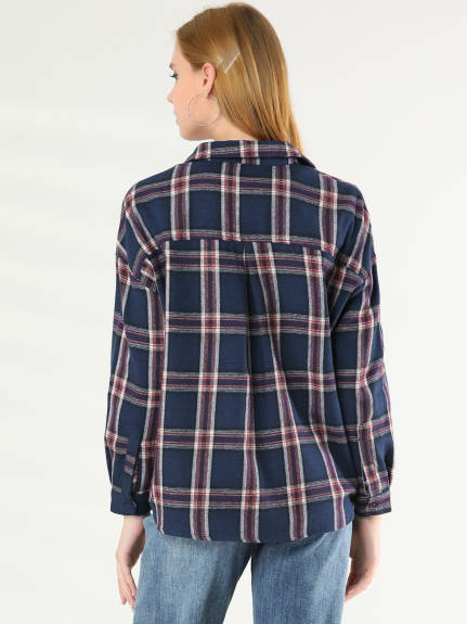 Allegra K- Button Down Pocket Oversized Plaid Shirt