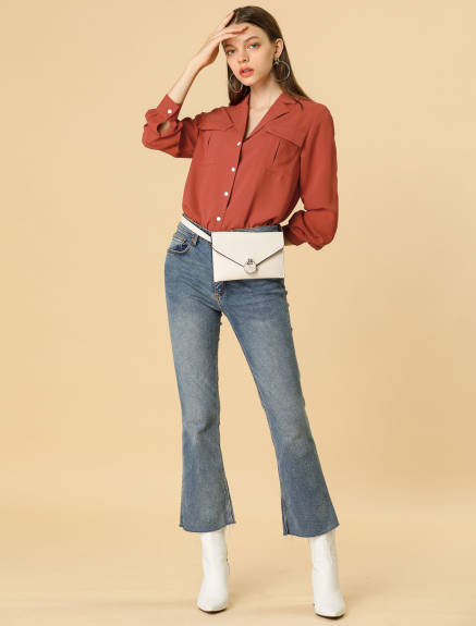 Allegra K- Solid Color Chest Pocket Lapel Collar Shirt