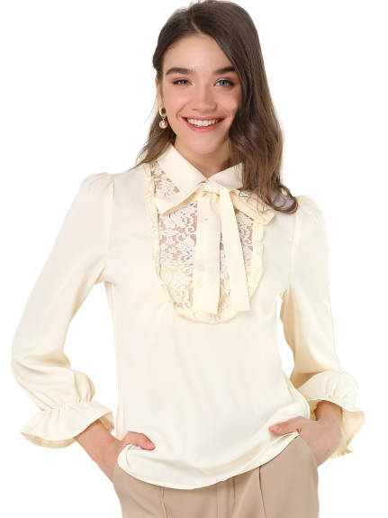 Allegra K - Collar Tie Neck Lace Panel Button Fornt Blouse