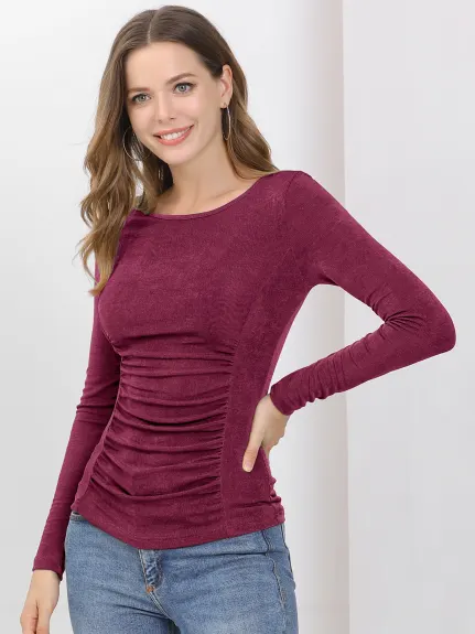Allegra K- Round Neck Long Sleeve Solid Fitted Ruched Top
