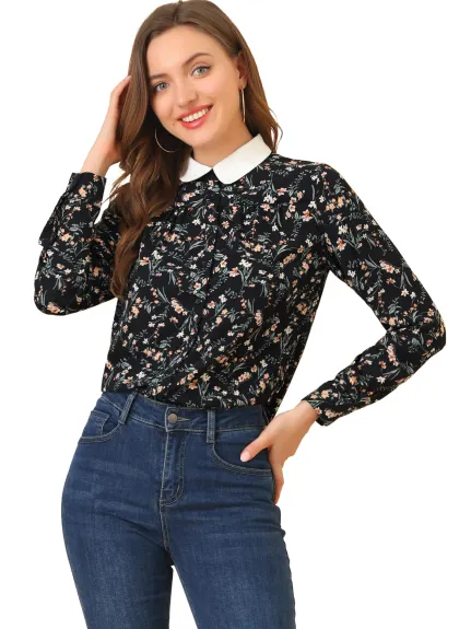 Allegra K- Contrast Collar Long Sleeve Floral Shirt Blouse
