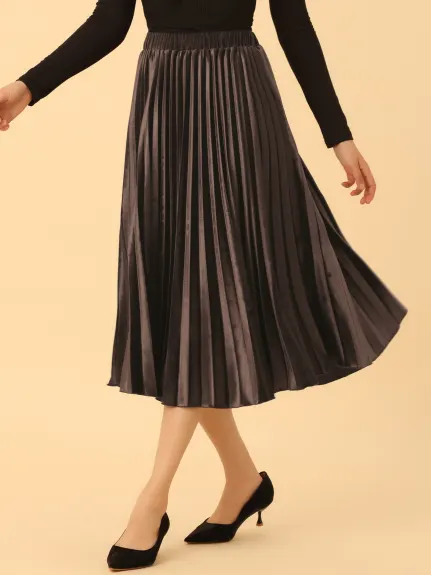 Allegra K- Winter Elastic Waist Velvet Pleated Midi Skirt