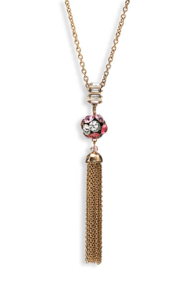 Goldtone Brass & Pink Red Crystal Shamballa Tasseled Vintage Necklace - Don't AsK